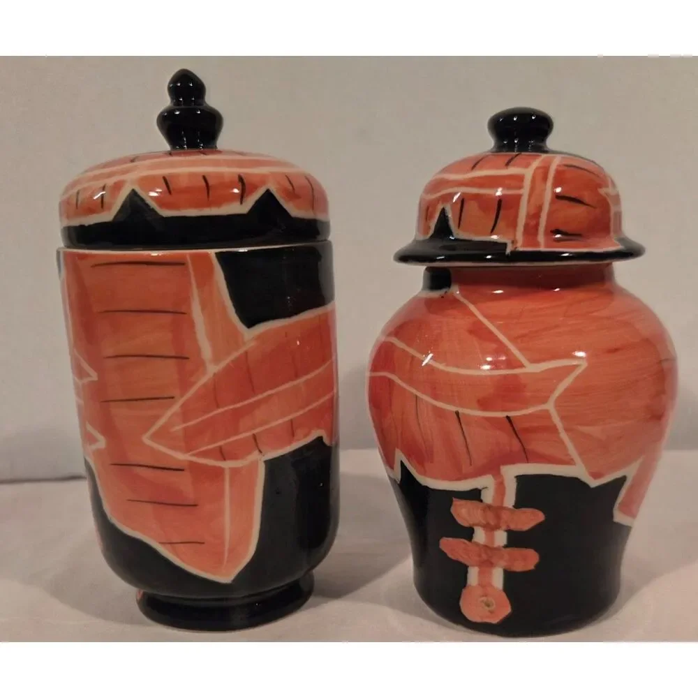 Vintage Hand Painted Art Deco Style Ceramic Ginger Jars Black & Coral Pair